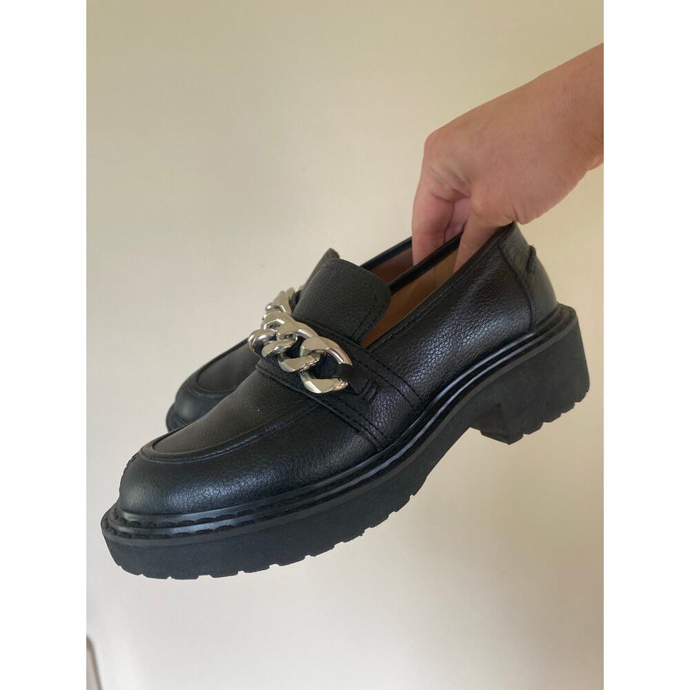 Linea Paolo Black Leather Lug Sole Loafers Silver Chain Link 5.5